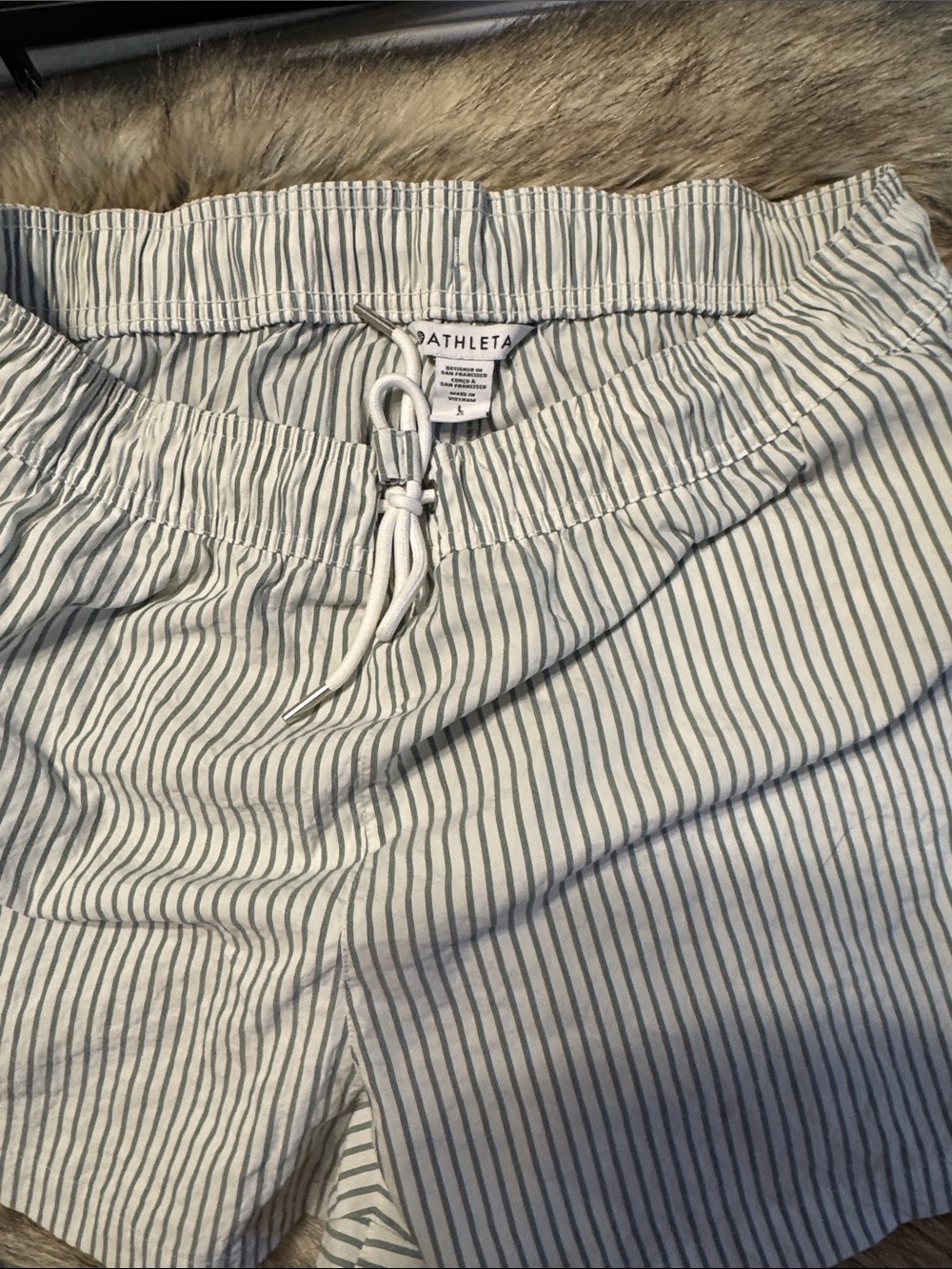 Athleta White Shorts with Thin Green Stripes and Drawstring